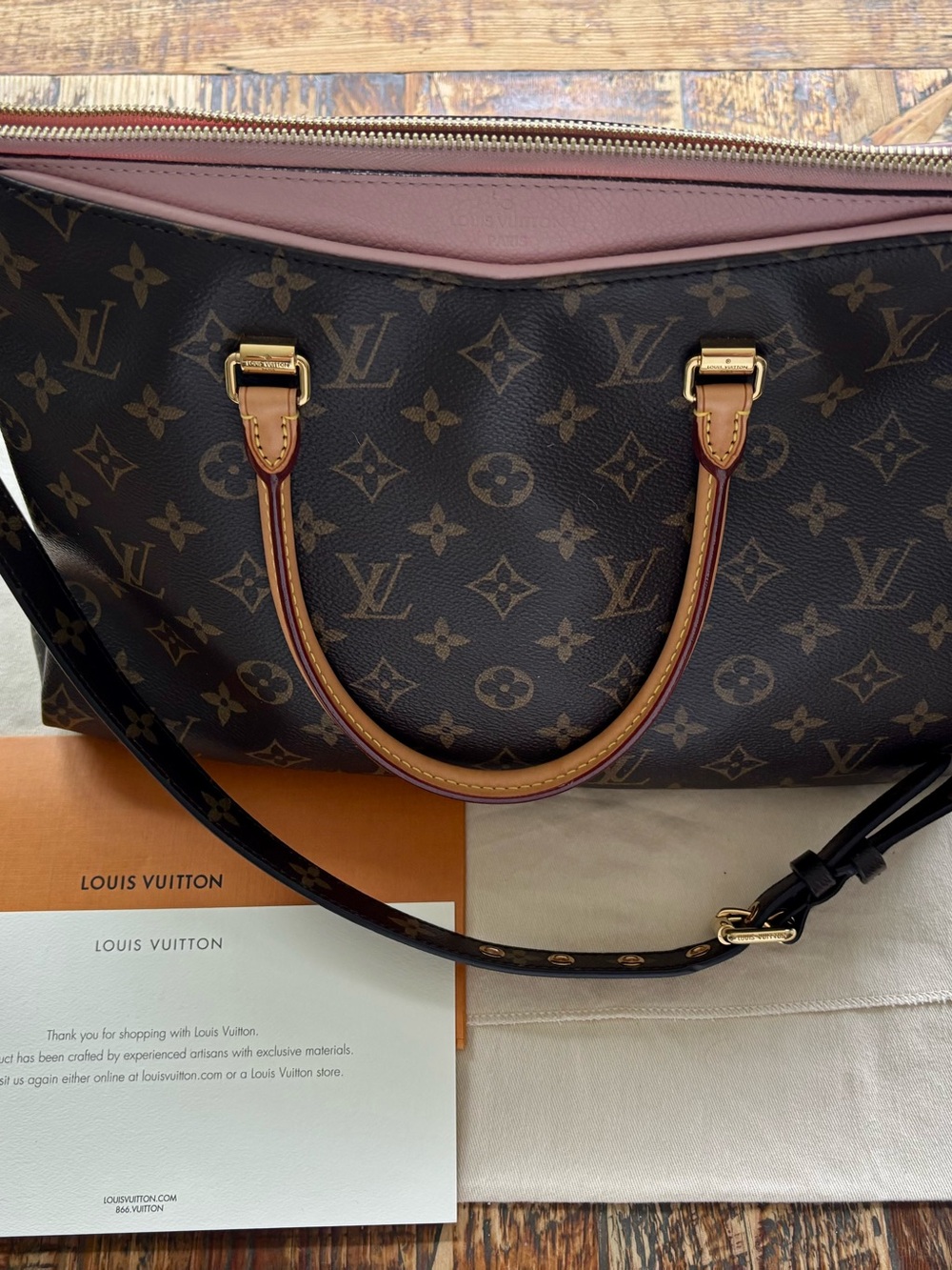 Louis Vuitton Rose Ballerine Calfskin Leather & Brown Monogram Pallas MM